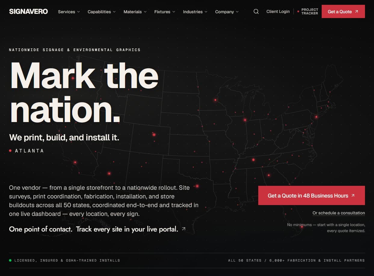 signavero.com homepage — 'Mark the nation.' over a dark map of the United States dotted with project locations.